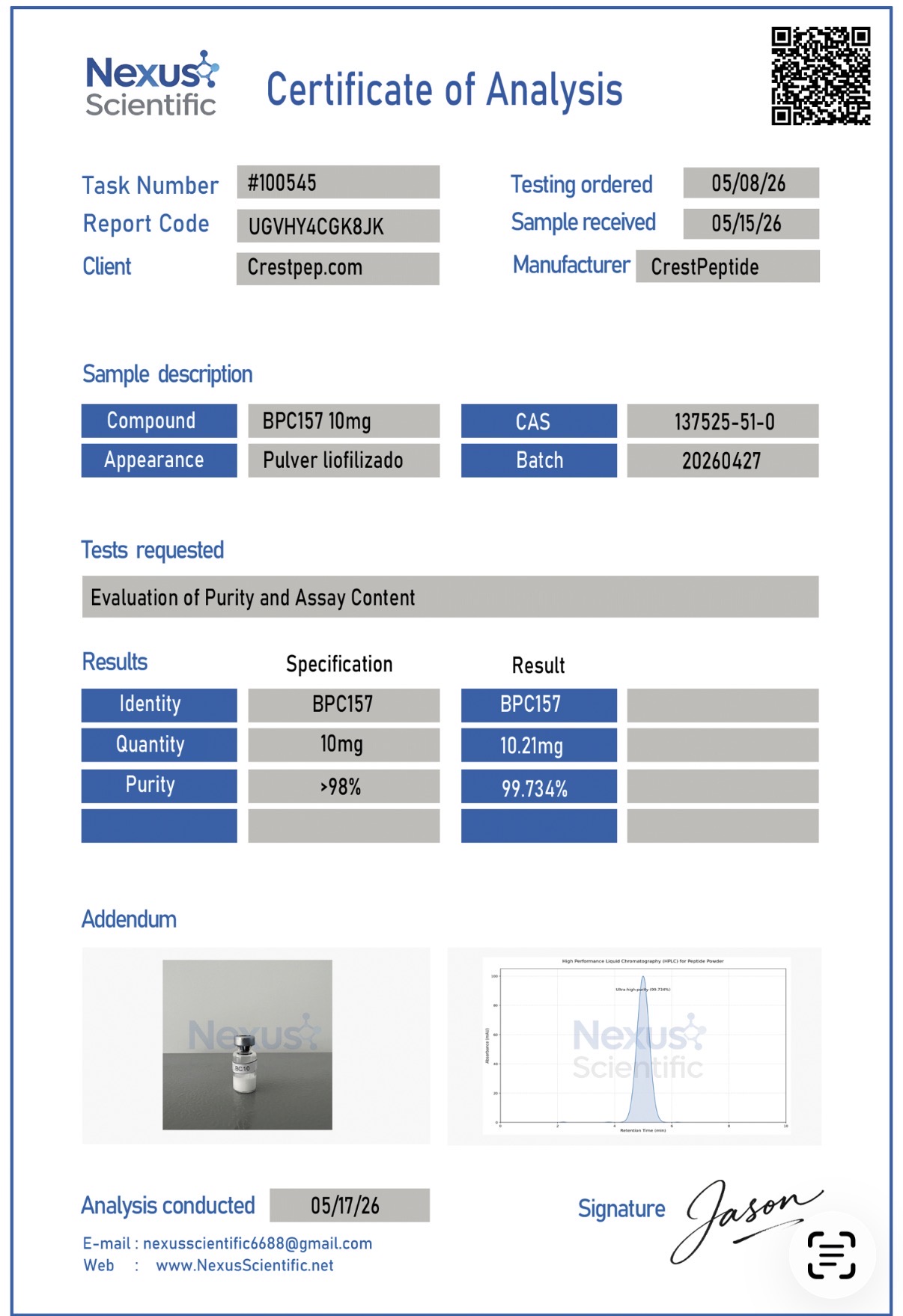 Manufacturer-Supplied Third-Party Customer Test — Not Avios Lot-Specific COA